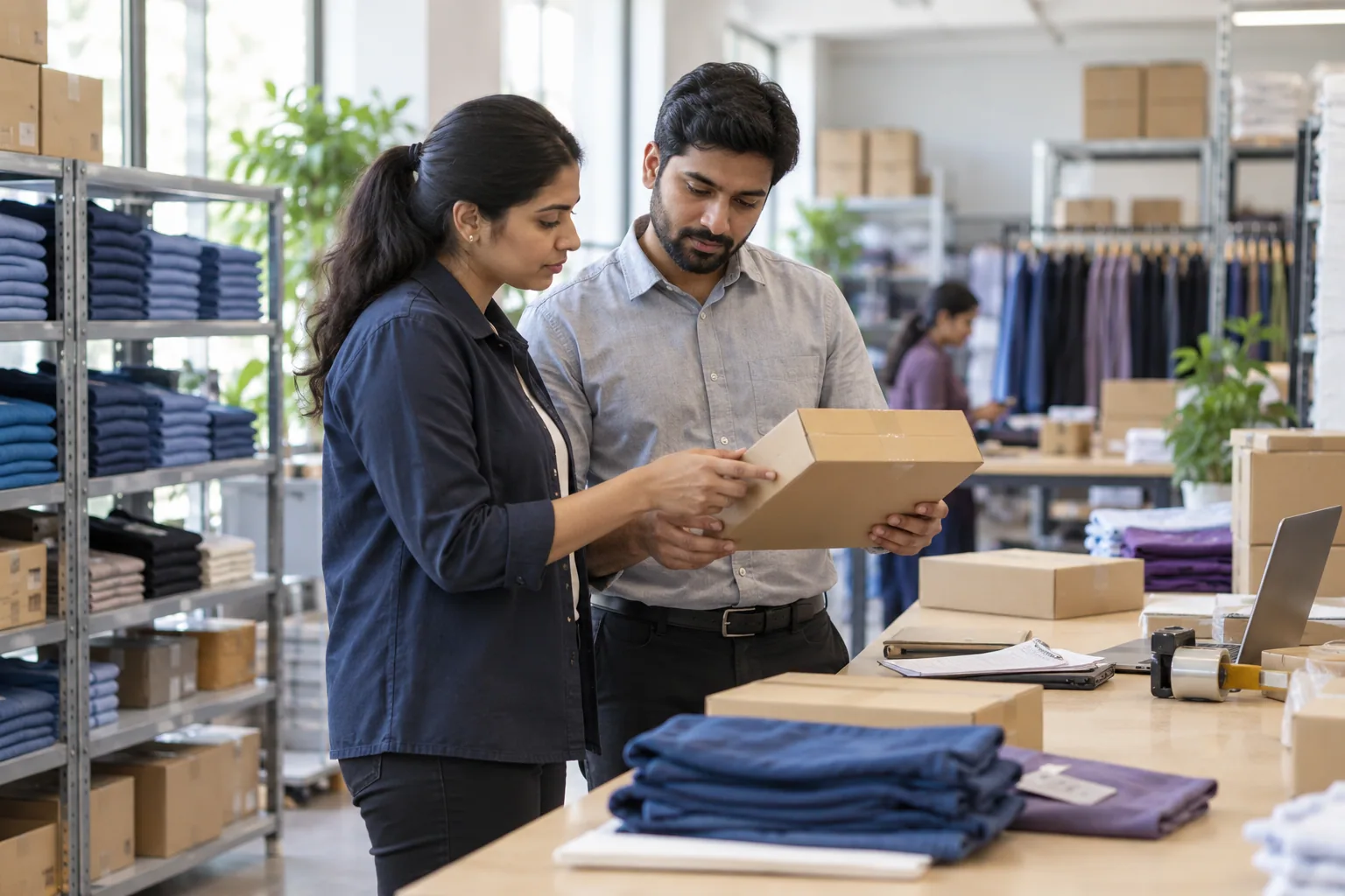 Fictional Indian retail planners reviewing a parcel in an operations workspace