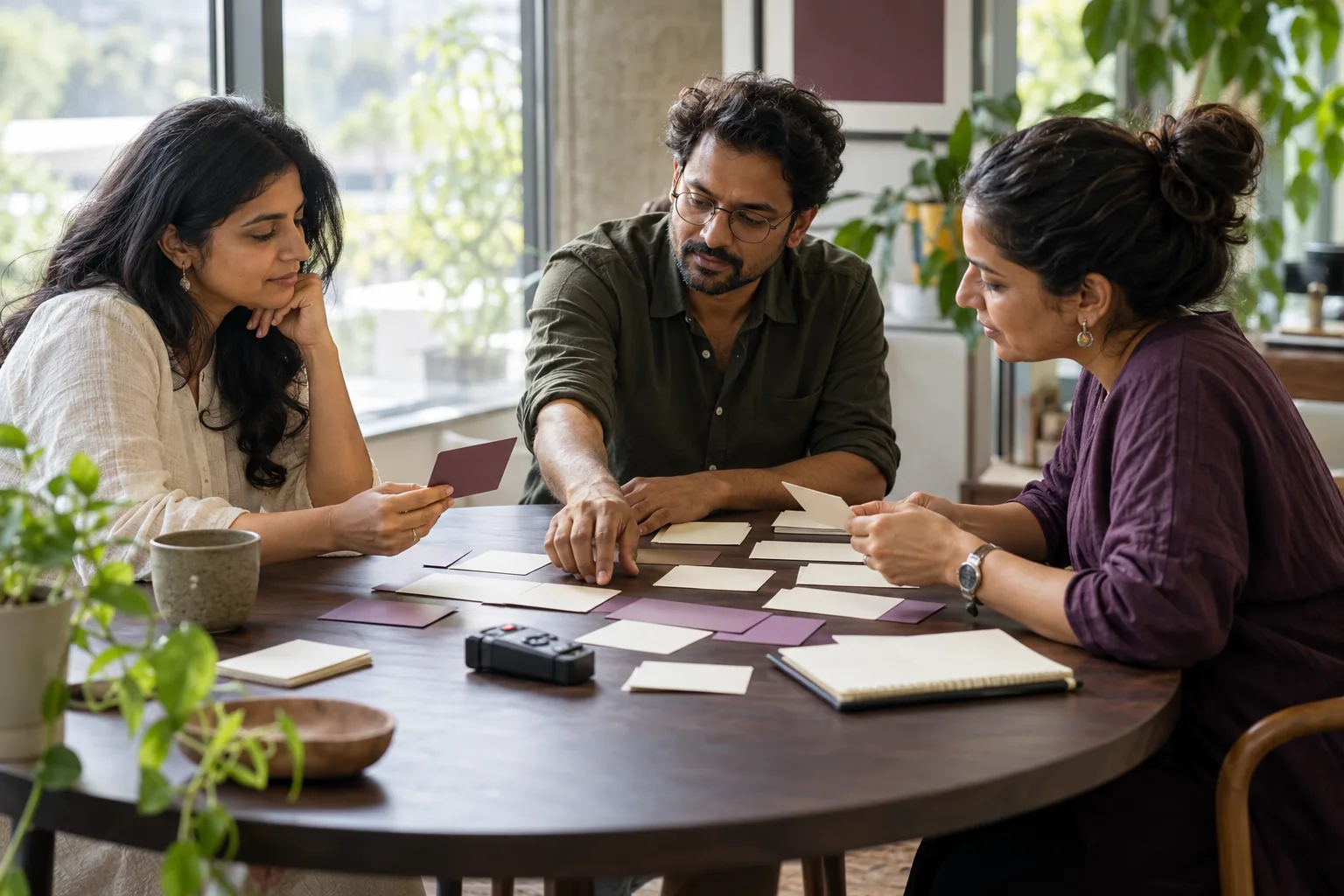 Fictional Indian researchers reviewing customer interview cards