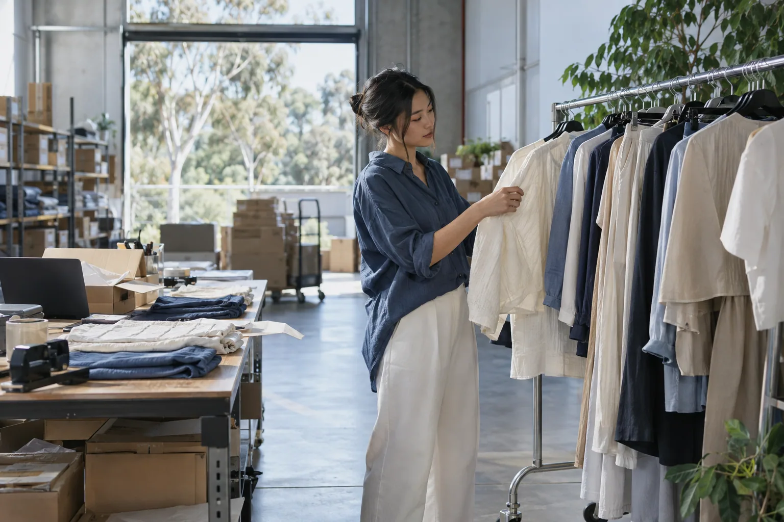 A fictional fashion planner reviewing a garment rail in an Australian dispatch workspace