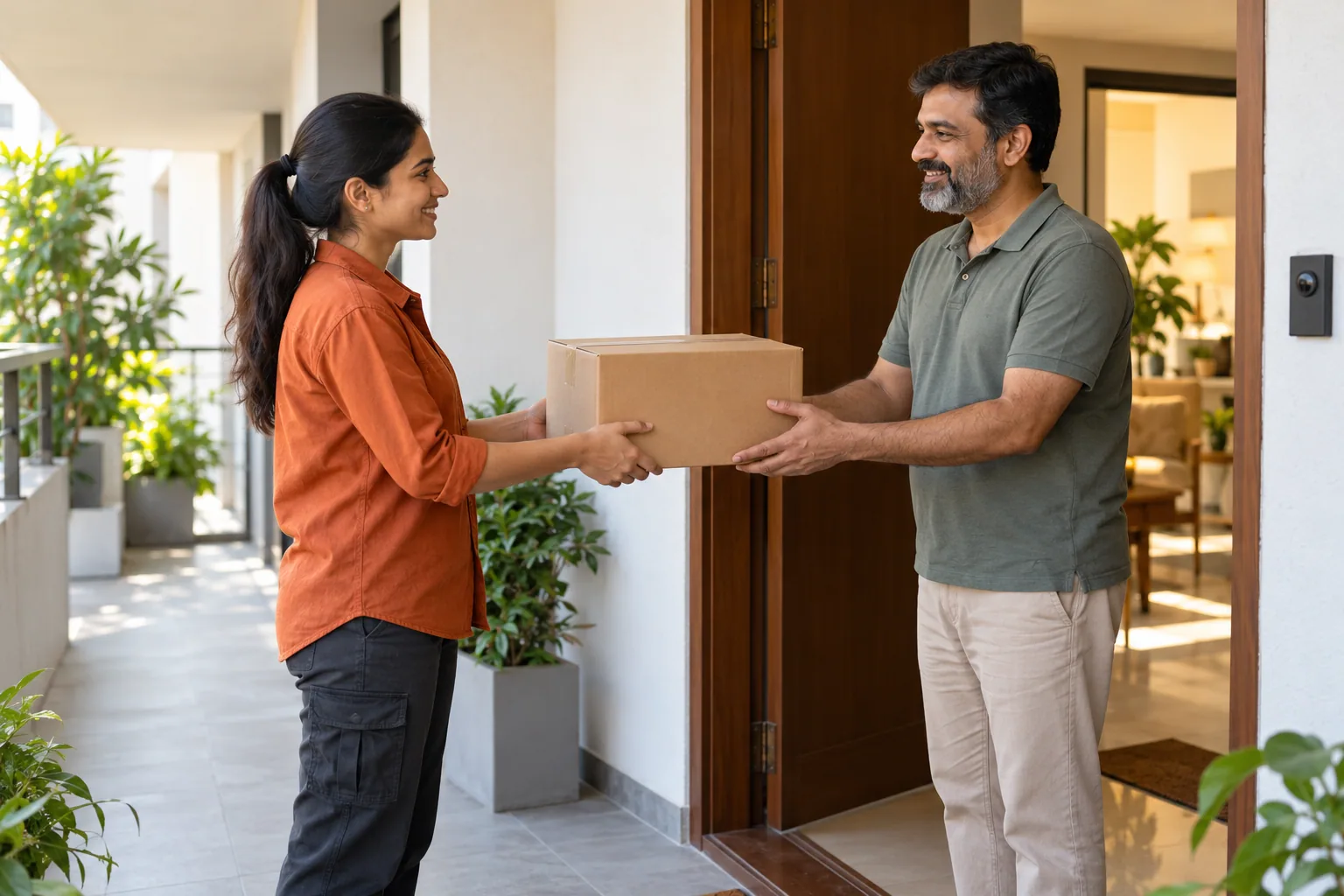 A fictional courier handing a plain parcel to a resident at an Indian apartment