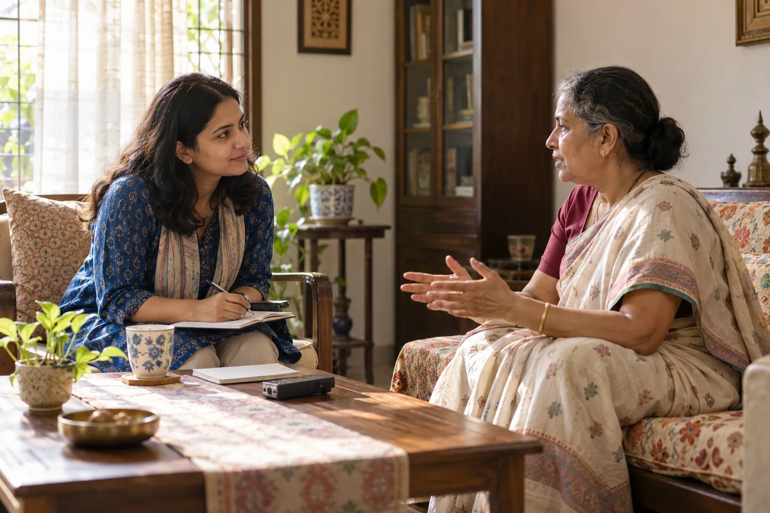 A fictional customer researcher listening to a participant in a sunlit home
