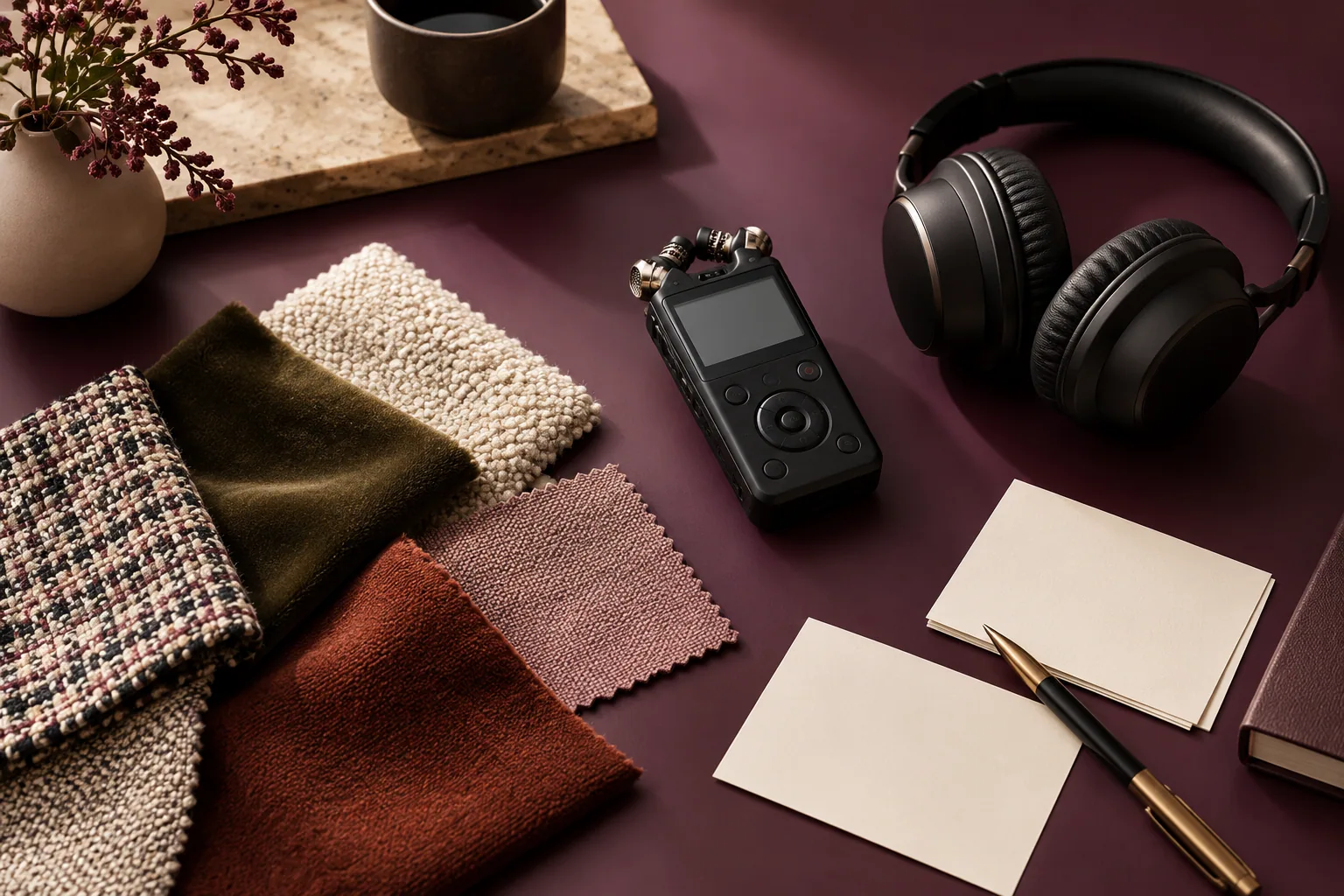 A recorder, headphones, fabric swatches and blank interview cards