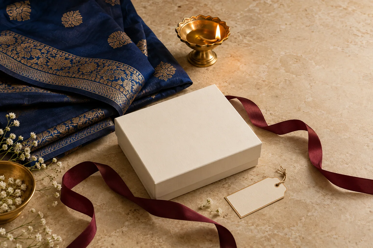 Festive fabric, a brass diya and an unbranded gift box on warm stone