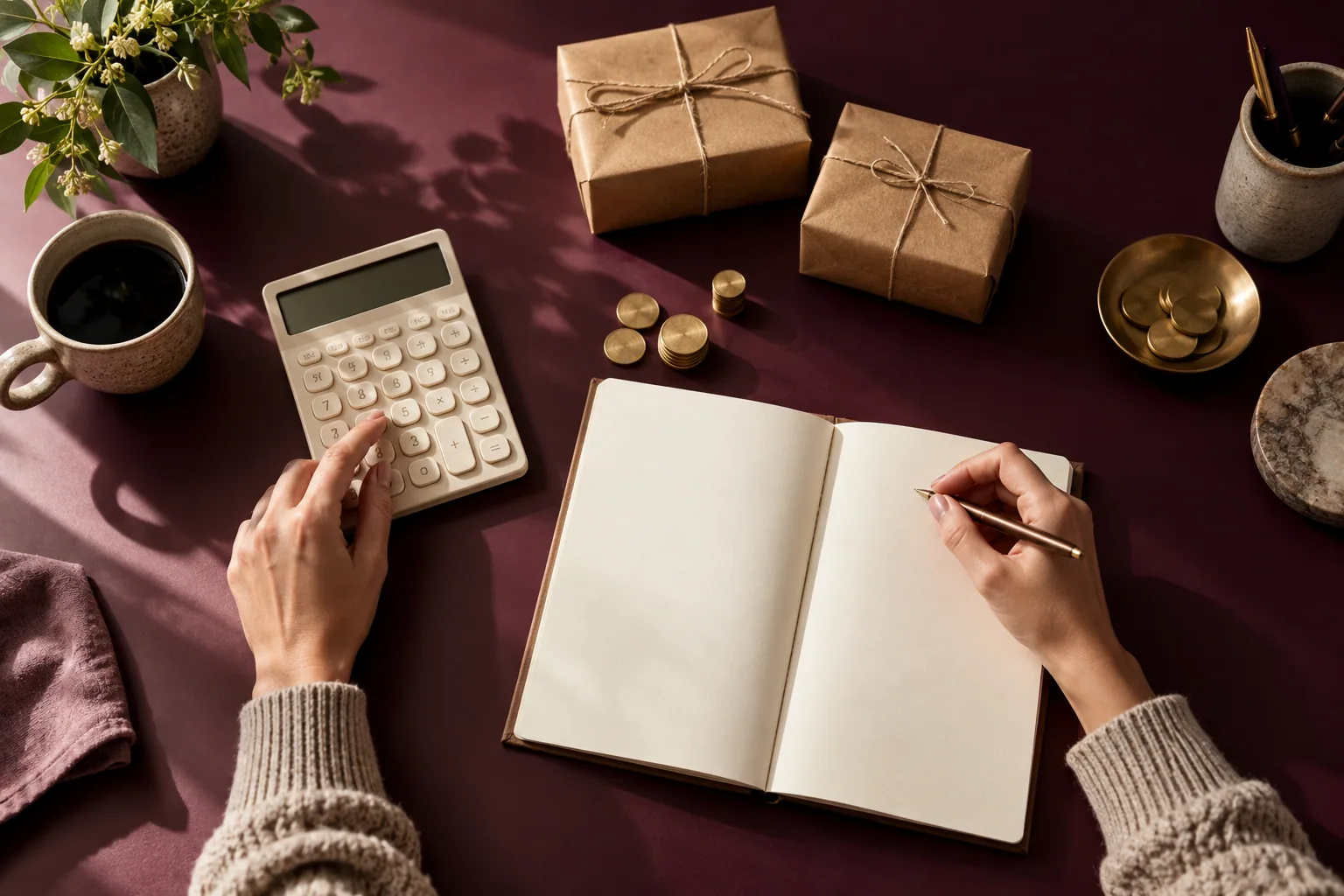 Parcels, a calculator and counting tokens arranged to illustrate marketplace economics