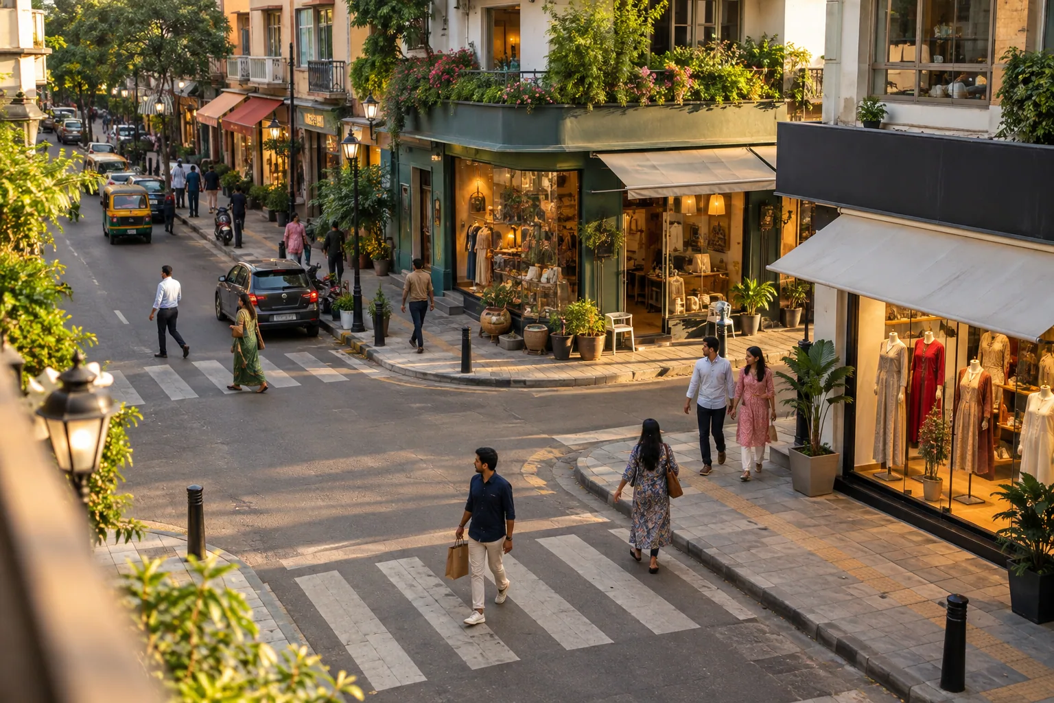 An illustrative Indian shopping street with several pedestrian routes