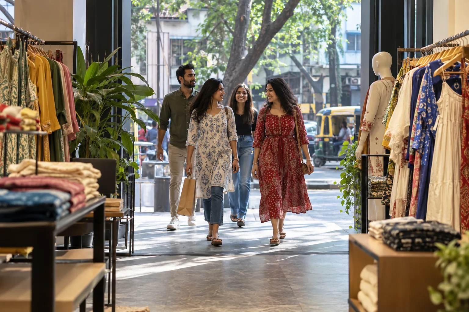 The entrance of an illustrative Indian fashion store opening onto a neighbourhood street