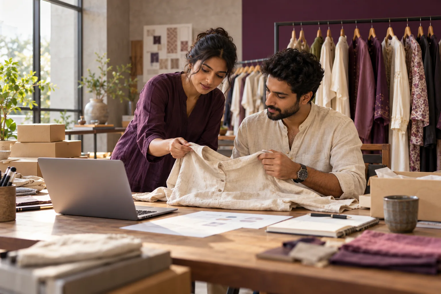 Illustrative Indian fashion entrepreneurs reviewing an apparel sample